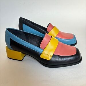 Camper Loafers Colorblock Twins Black Pink Blue Yellow Block Heel 36 6 Leather